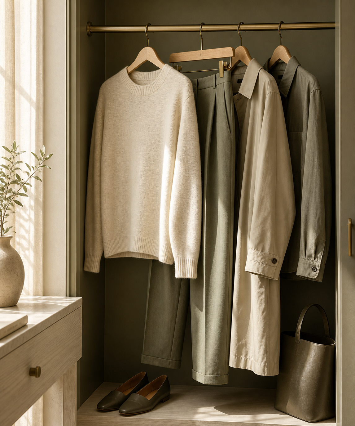 A calm, sunlit wardrobe edit with ivory knitwear, sage tailoring, and muted layers